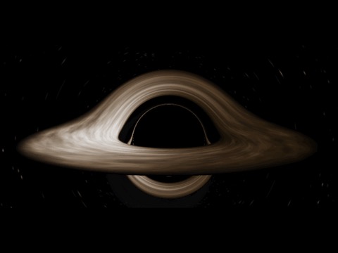 A black hole with a thin disk of glowing gas, its far side bent over the top of the shadow