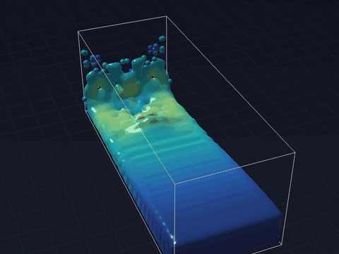 A dam of water collapses along a tank, its smooth surface running and splashing against a block