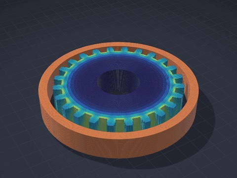 A steel gear inside a ring coil heats at its teeth first, by induction