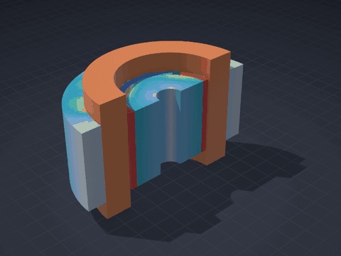 An electric motor cut open in 3D: stator iron coloured by flux density, copper end windings, the rotor spinning up